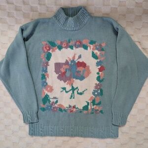 Vintage Avocado Floral Knit Women's Sweater - Light Blue